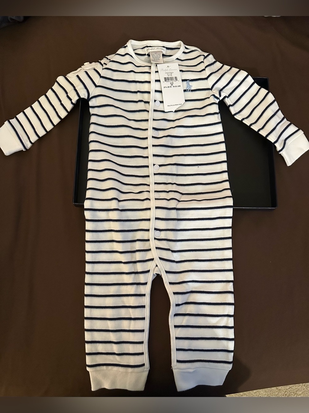 Ralph Lauren White and Navy Striped Cotton Footie set w Blue Receiving Blanket